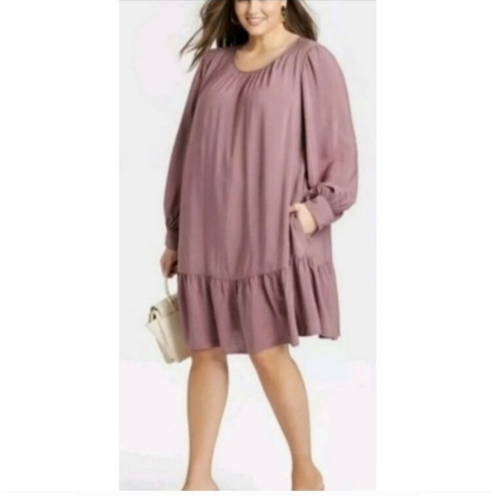 NWT AVA VIV Long Sleeve‎ Baby doll Womens Dress size X Purple Drop Hem